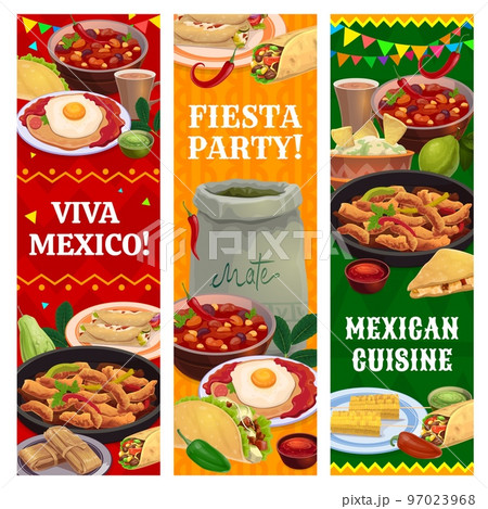 Mexican cuisine meals, drinks, fruits and snacks vertical banners. Tex Mex fast food, Mexico restaurant menu meals and fiesta party vector background with fajitas, tacos and burrito, tamales, mate tea 97023968