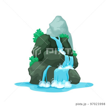 Cartoon waterfall and water cascade, nature landscape of mountain river. Isolated vector waterfall cascade on tropical island rock or forest lake with falling water, game GUI 97023998