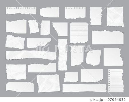 White torn paper note rips, sheet edges and page scraps, vector notebook pieces. White torn paper and blank page pieces, square message note or notepad strips and scrapbook shreds White torn paper note rips, sheet edges and page scraps, vector notebook pieces. White torn paper and blank page pieces, square message note or notepad strips and scrapbook shreds 97024032