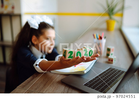 Homeschooling during quarantine. Online remote learning. Covid-2019. Homeschooling during quarantine. Online remote learning. Covid-2019. 97024551