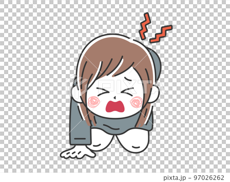 Illustration of a business woman who cannot stand up due to back pain 97026262