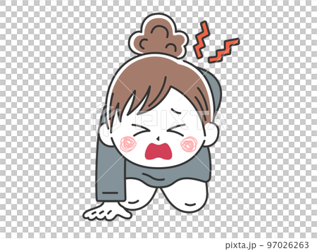 Illustration of a business woman with her hair tied up who can't stand up due to back pain 97026263