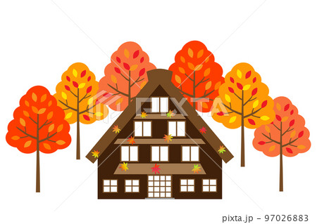 世界遺産】岐阜県 白川郷の合掌造り集落の秋イメージのイラスト素材