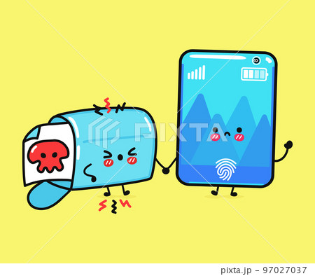 Cute, funny angry smartphone and mailbox with scull sign. Vector hand drawn cartoon kawaii characters, illustration icon. Funny cartoon smartphone and message mascot character concept 97027037