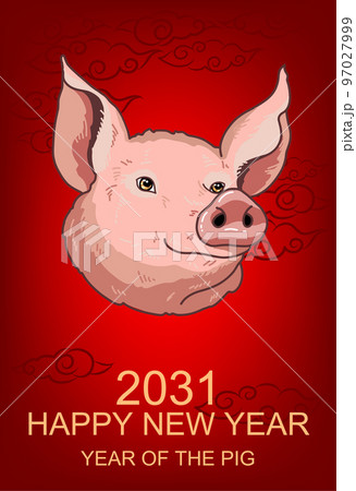 Hand-drawn pig, zodiac sign, Chinese horoscope. The symbol of 2031. Eastern horoscope. banner, red envelopes, clouds, korean, japanese holiday 97027999