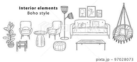 Scandinavian furniture Interior elements Boho style. Cozy home environment for the living room. Hand-drawn doodle style elements. 97028073