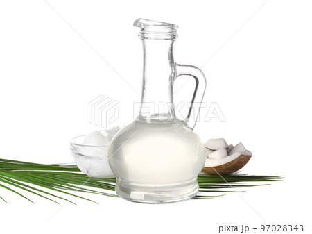 Composition with coconut oil on white background Composition with coconut oil on white background 97028343