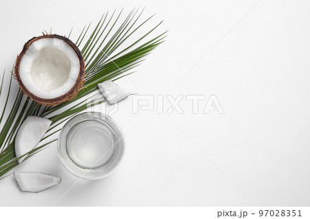 Composition with coconut oil on white background, top view Composition with coconut oil on white background, top view 97028351