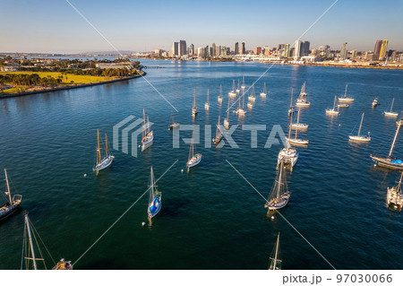View of San Diego bay and downtown skyscrapers from Coronado Bridge 97030066
