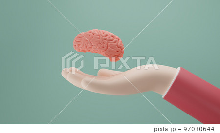 Side view of a palm and a human brain. Human hand holding brain, 3d render, 3d illustration Side view of a palm and a human brain. Human hand holding brain, 3d render, 3d illustration 97030644