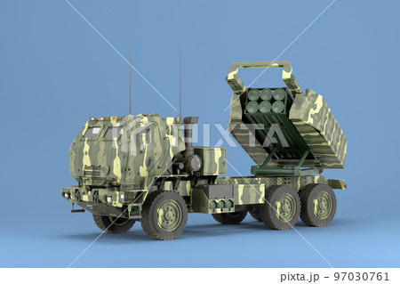 Himars High Mobility Artillery Rocket System land leases for ukraine 3d render on blue Himars High Mobility Artillery Rocket System land leases for ukraine 3d render on blue 97030761