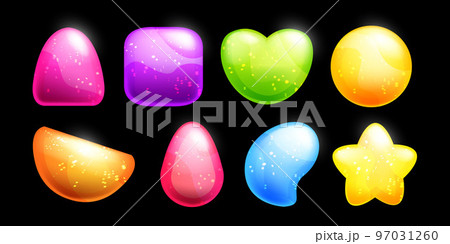 3D jelly marmalade, vector game candy icon set, gelatine cartoon sweets kit, glossy heart, star. 3D jelly marmalade, vector game candy icon set, gelatine cartoon sweets kit, glossy heart, star. 97031260