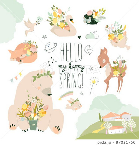 Set of Cute Animals with Spring Flowers Set of Cute Animals with Spring Flowers 97031750