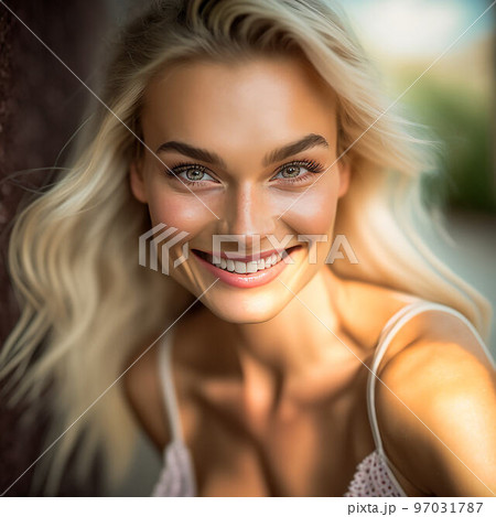 younf blonde woman smiling in summer day 97031787