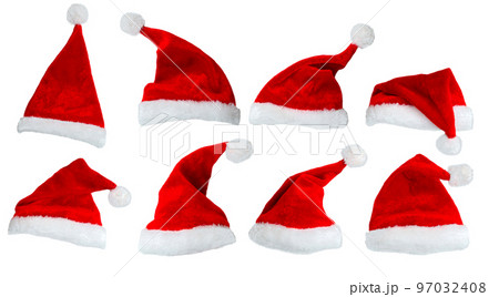 Collection of Santa Claus hat or Christmas red cap with isolated on white background. Concept holiday theme. Collection of Santa Claus hat or Christmas red cap with isolated on white background. Concept holiday theme. 97032408