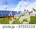 Double exposure of graph on electric towers and solar panels. Concept of raising electricity tariffs 97033159