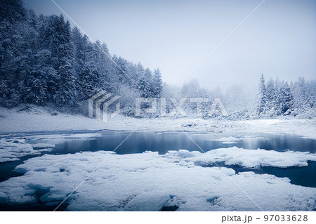 イラスト 雪山 山 自然 湖 氷 森 針葉樹 氷柱 寒冷 97033628