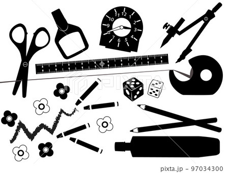 サイコロ 時計 コンパス ものさし ハサミ  おはじき お道具箱のシルエットのイラスト 97034300