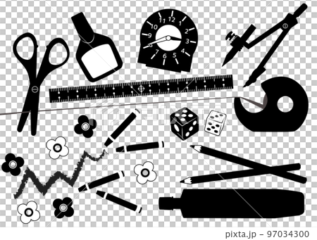 サイコロ 時計 コンパス ものさし ハサミ  おはじき お道具箱のシルエットのイラスト 97034300
