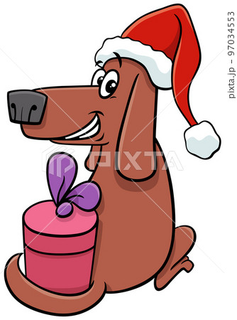 funny cartoon dog with gift on Christmas time funny cartoon dog with gift on Christmas time 97034553