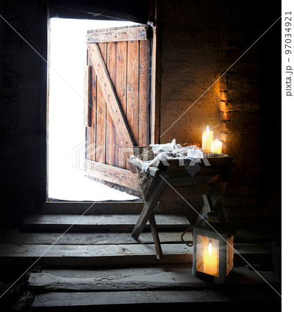 Manger with straw. Christmas background Manger with straw. Christmas background 97034921