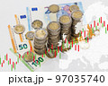 Pile of coins on euro banknotes and graph chart. Economy trends background for business idea concept 97035740