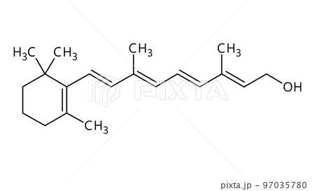 Vitamin A molecular structure. Vitamin A is important for human vision. Vector structural formula of chemical compound. Vitamin A molecular structure. Vitamin A is important for human vision. Vector structural formula of chemical compound. 97035780