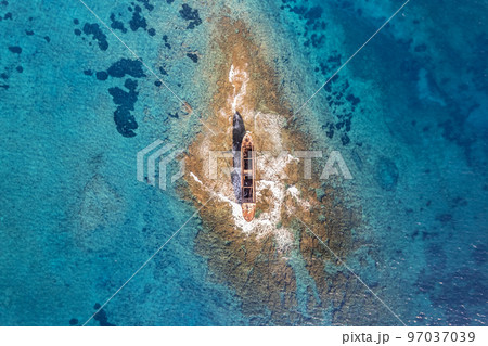 MV Demetrios II cargo ship wrecks on the coral riffs among the sea waves, Paphos, Cyprus 97037039