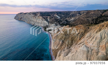 Sunset near cape Aspro cliffs aerial panorama from drone, Limassol, Cyprus 97037056