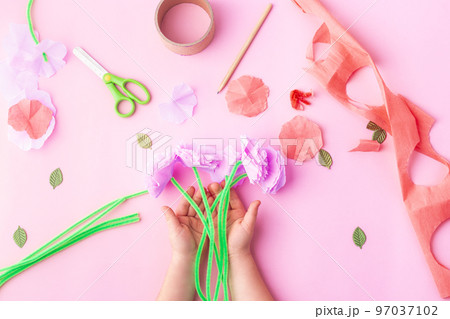Easy paper flowers craft for kids. Hands. Mother's day. Happy birthday 97037102