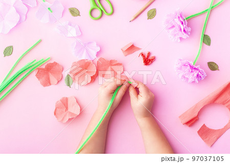 Easy paper flowers craft for kids. Hands. Mother's day. Happy birthday Easy paper flowers craft for kids. Hands. Mother's day. Happy birthday 97037105