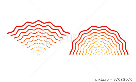 Red rippled wave signals. Sonar or sound wavy lines. Epicentre, target, radar, vibration element concepts. Radio pulsating signal.  97038070
