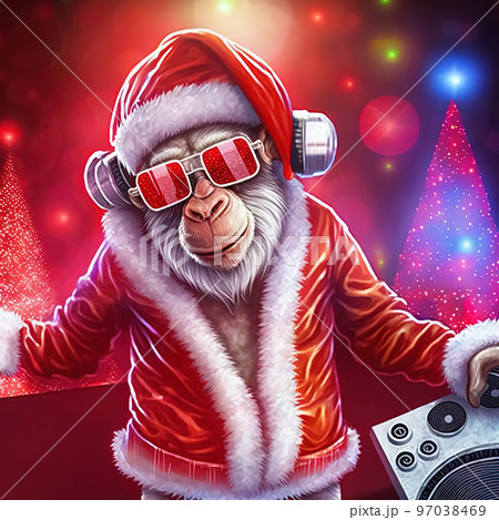 Gorilla Santa Claus dj monkey in sunglasses and - Stock
