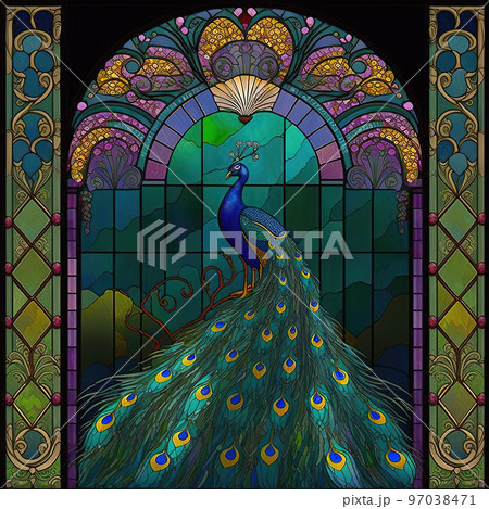 Arch stained glass style window with colorful peacock. Generative AI. Not based on any actual scene or pattern 97038471