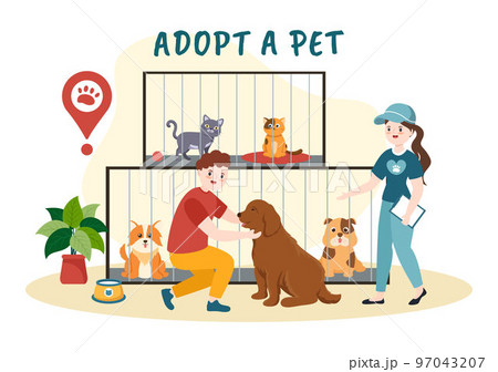 Adopt a Pet From an Animal Shelter in the Form of Cats or Dogs to Care for and Look After in Flat Cartoon Hand Drawn Templates Illustration 97043207