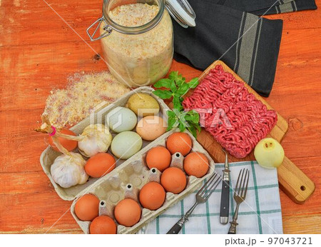 Minced meat, eggs, garlics and onion. Mixed minced meat ready to making burgers, fatty's, meaetballs. Food photography. Culinary concept. Minced meat recipe. 97043721