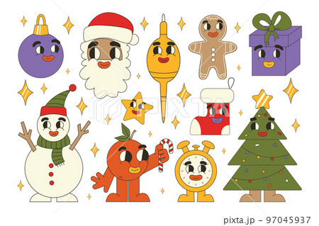 Groovy Christmas stickers. Santa Claus, Christmas tree, gifts, gingerbread in trendy retro cartoon style. Cartoon characters and elements 97045937