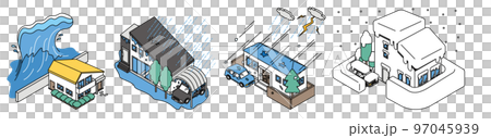 Isometric illustration of a simple house that meets a flood accident Isometric illustration of a simple house that meets a flood accident 97045939