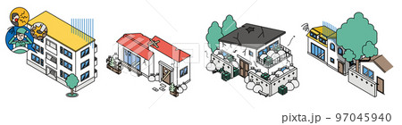 身近に潜む近隣トラブルとシンプルな住宅のアイソメイラスト 97045940