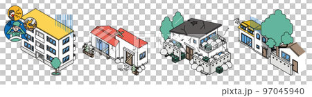 身近に潜む近隣トラブルとシンプルな住宅のアイソメイラスト 97045940