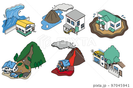 立地条件による災害リスク、トラブルとシンプルな住宅のアイソメイラスト 97045941