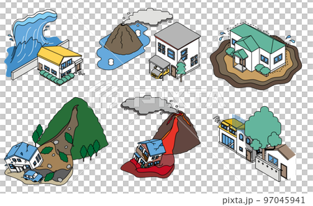 Isometric illustration of disaster risk, trouble and simple housing due to location conditions 97045941