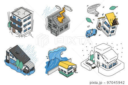 身近な自然災害のリスクとシンプルな住宅のアイソメイラスト 身近な自然災害のリスクとシンプルな住宅のアイソメイラスト 97045942