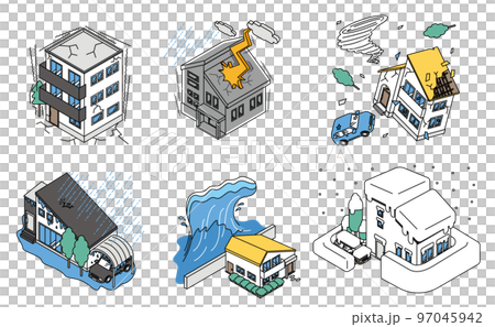 身近な自然災害のリスクとシンプルな住宅のアイソメイラスト 身近な自然災害のリスクとシンプルな住宅のアイソメイラスト 97045942
