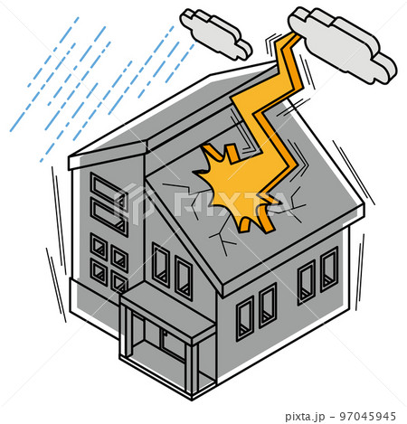 落雷が直撃して停電になった住宅のアイソメイラスト 97045945
