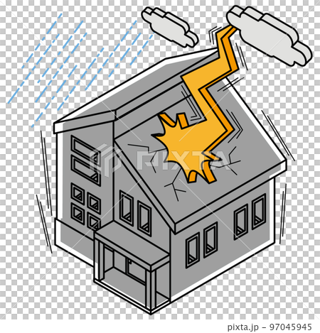 Isometric illustration of a house hit by lightning and turned into a power outage Isometric illustration of a house hit by lightning and turned into a power outage 97045945