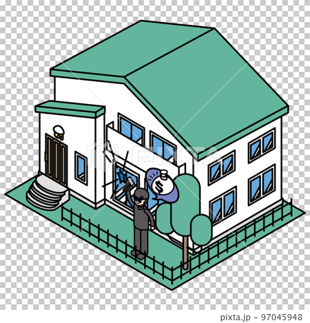 泥棒の被害にあった住宅のアイソメイラスト 泥棒の被害にあった住宅のアイソメイラスト 97045948