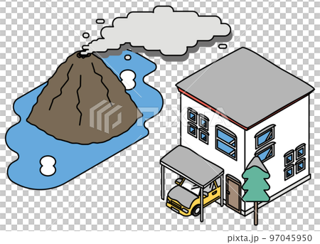Isometric illustration of a house covered with volcanic ash from an eruption Isometric illustration of a house covered with volcanic ash from an eruption 97045950