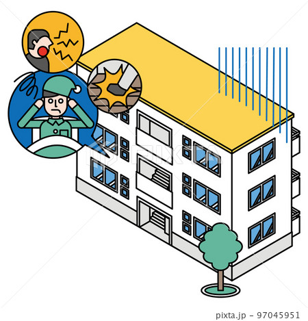 集合住宅の騒音で悩む寝れない男性のアイソメイラスト 97045951