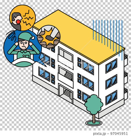 An isometric illustration of a man who can't sleep because of the noise of the collective housing 97045951